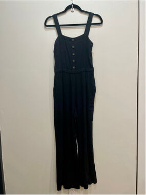 ZARA Black Linen Blend Wide Leg Jumpsuit M Button Front Minimalist